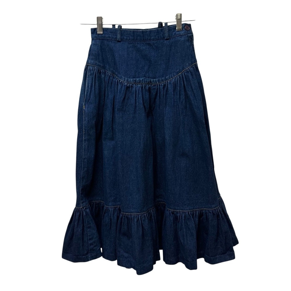 Vintage High Waist Midi Flare Ruffle Denim Jean Skirt Prairie Western 24" Waist